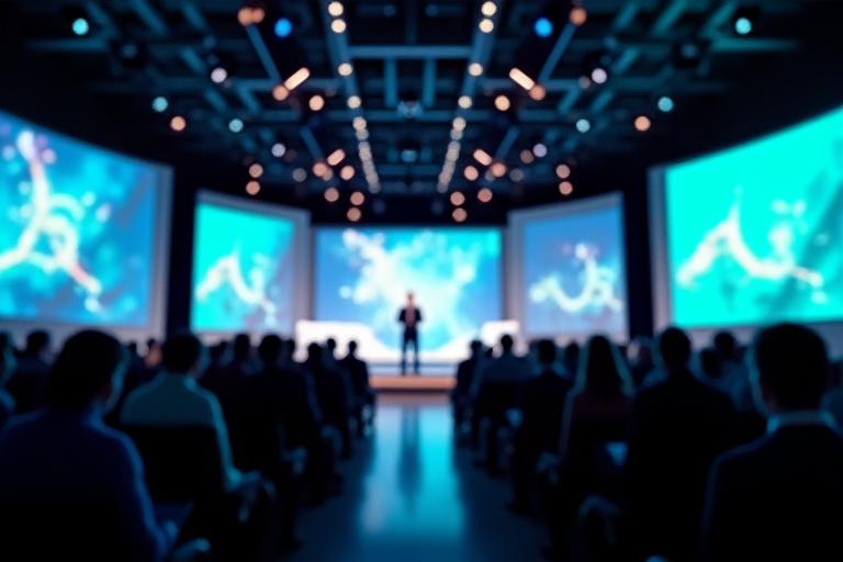 Conférence sur l'innovation technologique avec un design de scène moderne.