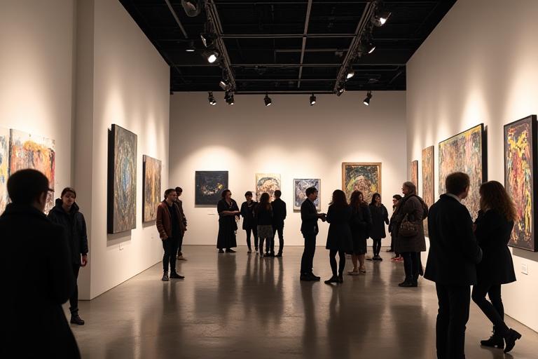 Vernissage d'une exposition d'art contemporain dans une galerie.