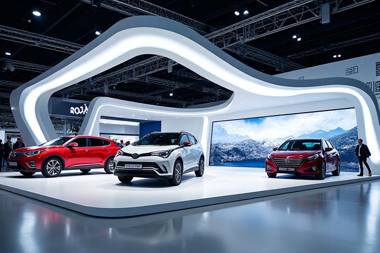 Stand d'exposition innovant conçu pour un salon international de l'automobile.